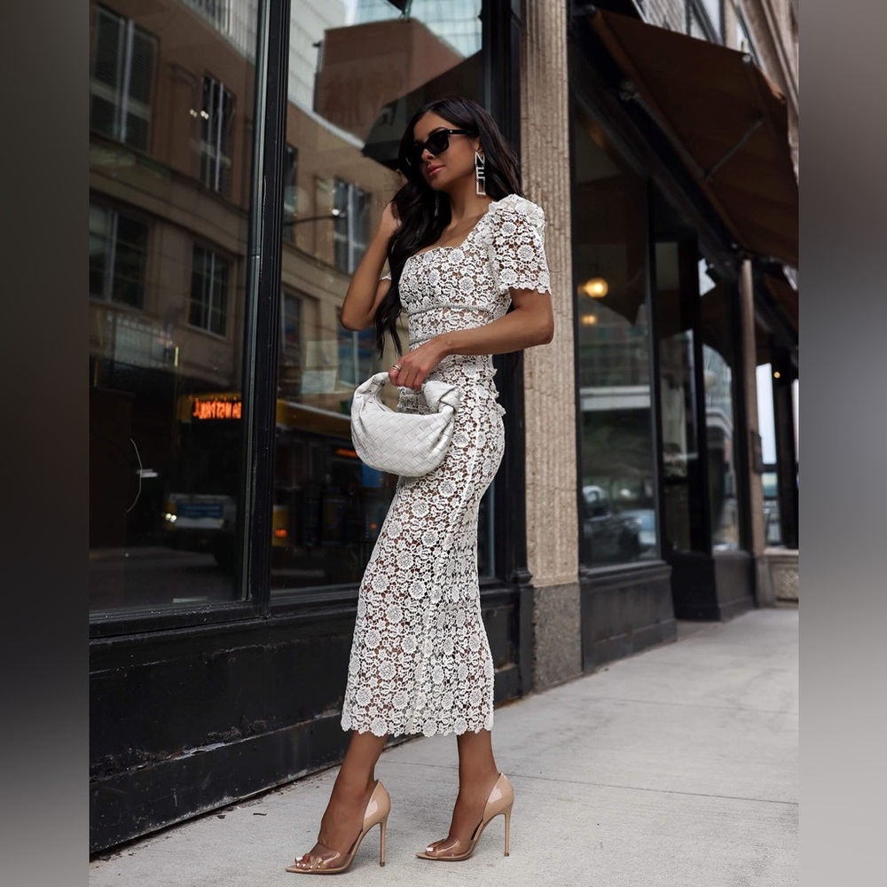 Self-Portrait Ivory Floral Guipure Midi Dress Size 6 - Picture 3 of 4